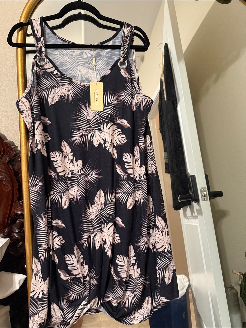 Black Midi Dress with Pink Palm Print and Ring Strap Detail